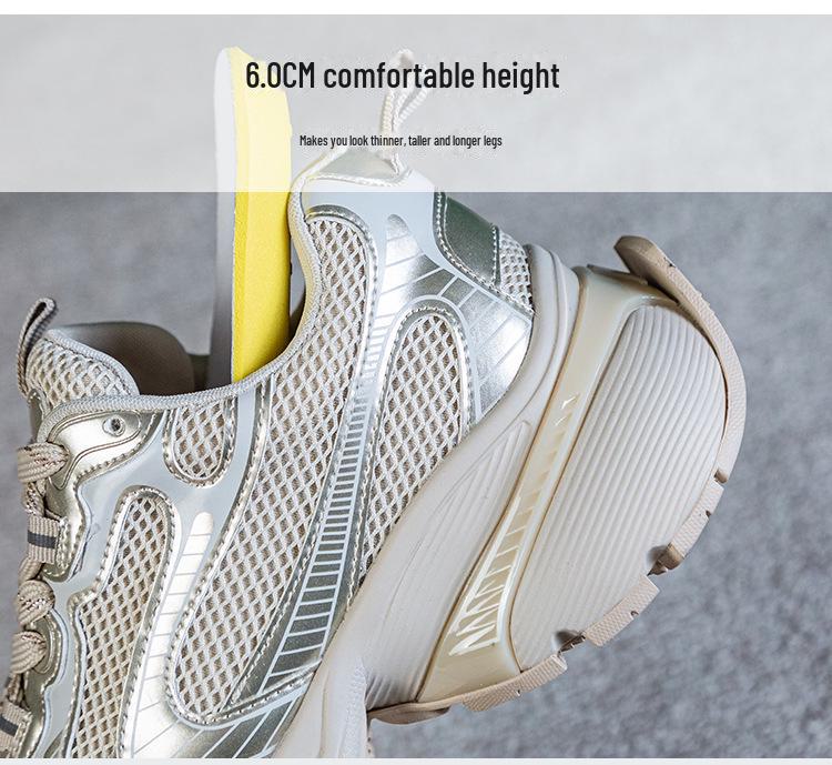 Женская мода 2024 года, увеличивающая рост, дышащая сетчатая обувь для пап: Универсальная повседневная спортивная обувь с мягкой толстой подошвой
