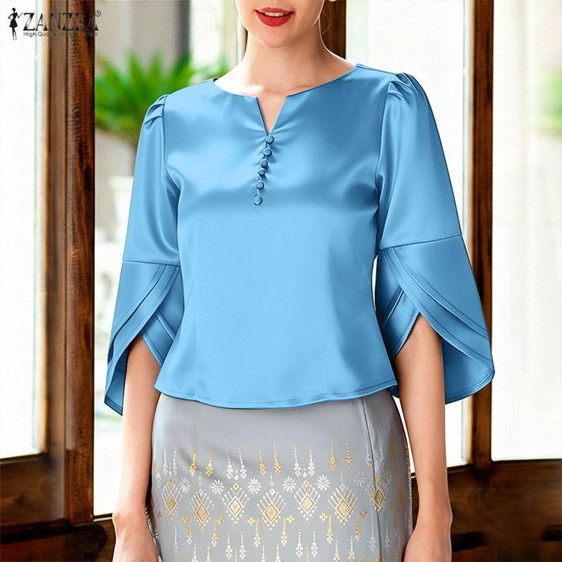 ZANZEA Женская повседневная свободная атласная блузка с V-образным вырезом и рукавом 3/4