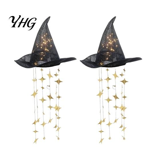 Sunroom Holiday Sparkle Decor Lighted Witch Hat Hanging Chime, Halloween LED Ornament with Luminous Lights Star Tassels, Magical Light for Porch