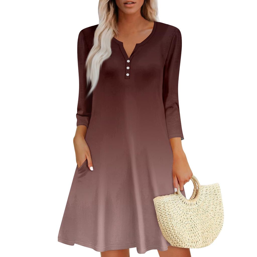 Women's Summer Dress Loose V Neck Three-quarter Sleeve Sundress With Pockets Dress