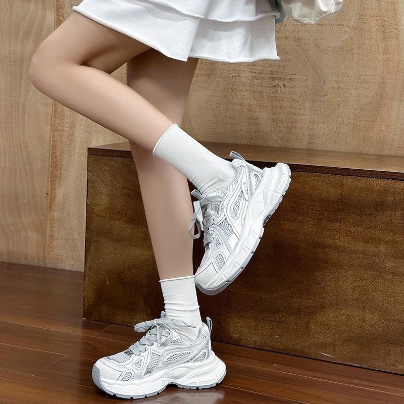 Simple and Fashionable Dad Shoes Women's Spring New Leather Mesh Splicing Breathable Lightweight Platform Sports Shoes