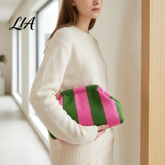 Portable Small Organizer for Purse Snap Shut Makeup Bag, Striped Knitted Clutch Pouch, Stylish Toiletry Bag Wide Open Cosmetic Pouch Brushes
