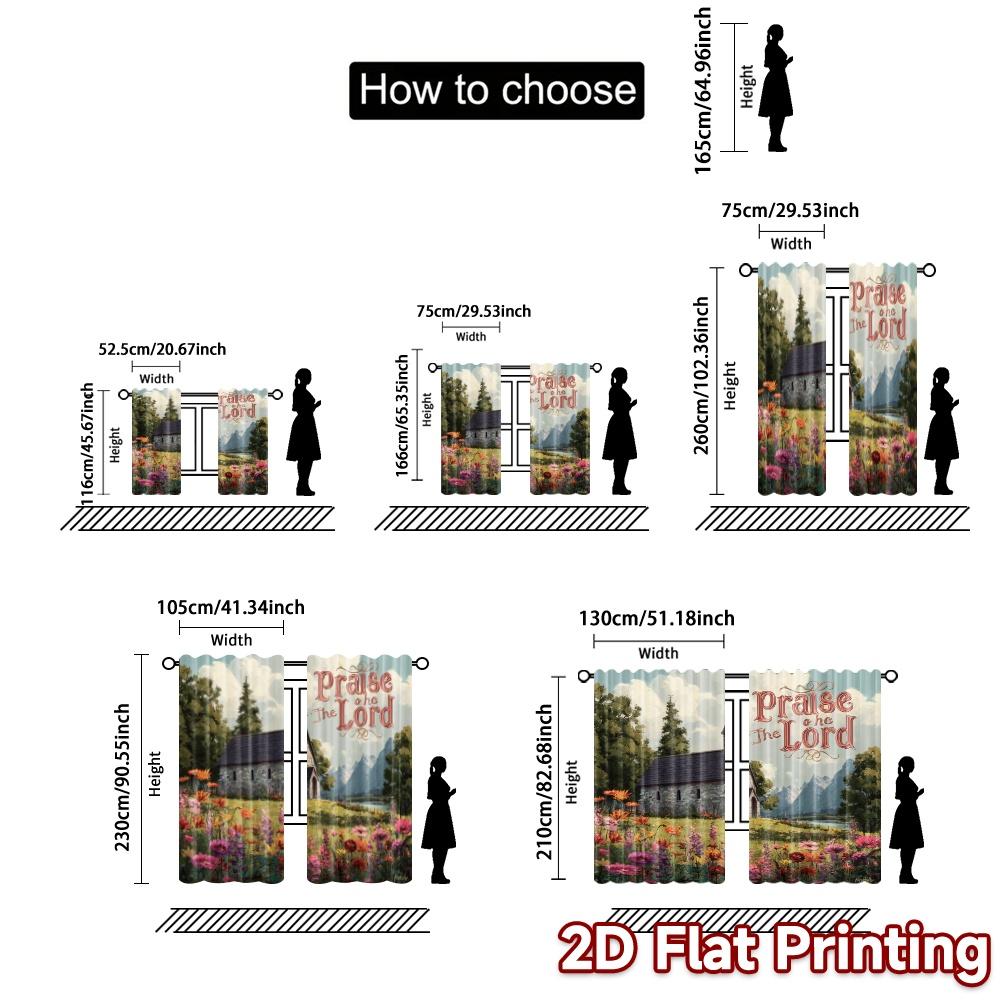 2pcs, 2D FLAT PRINTING Curtains (Without Rod) Country Chapel Popular Print Curtains Versatile Fabric Curtains Decorations For