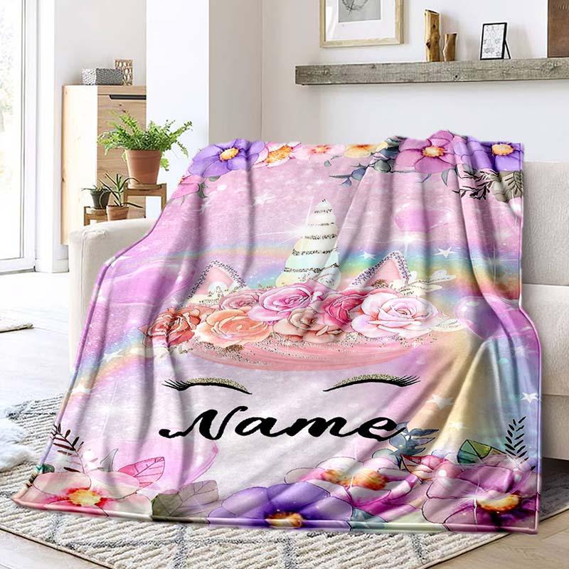 Unicorn Closed Eyes Style Customize Your Name Outdoor Blanket Suitable For All Seasons Comfortable And Warm Soft Blanket Suitable For Travel Gifts For