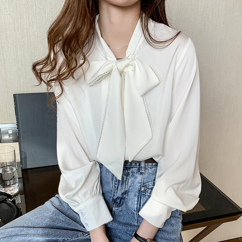 Spring 2025 New Women Blouses Shirts Long Sleeve Bow Collar White Chiffon Blouse Shirt Women Tops J766