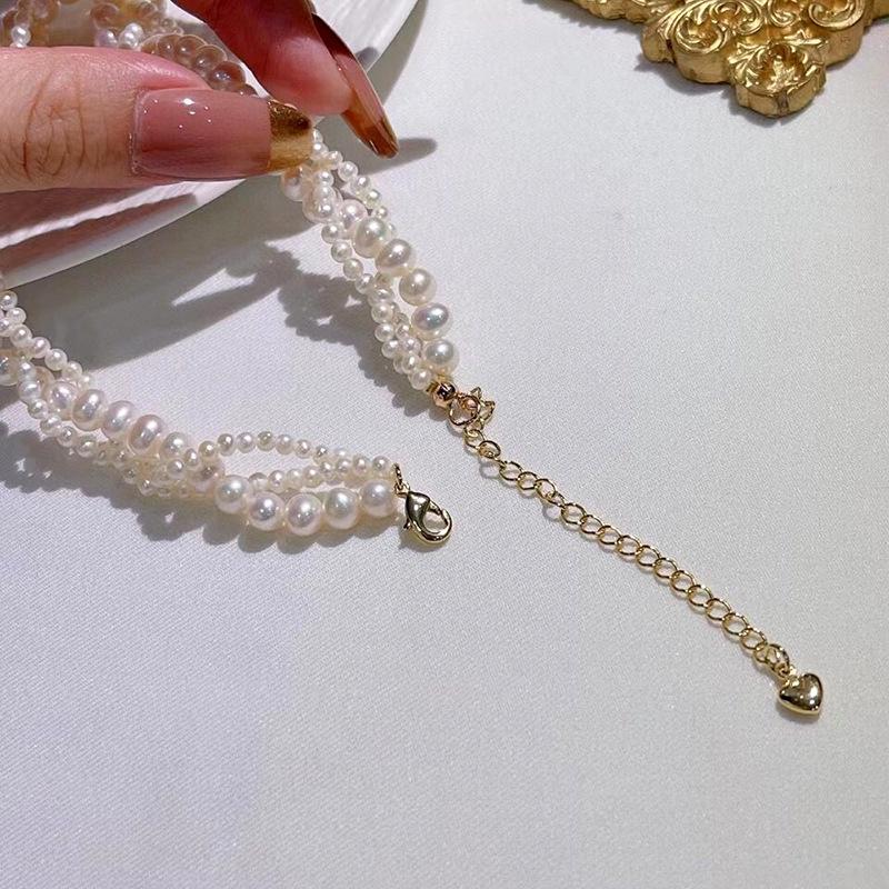 Natural freshwater pearl neck chain, three-layer choker necklace, female collarbone chain 11k gold injection, retro high-end light luxury