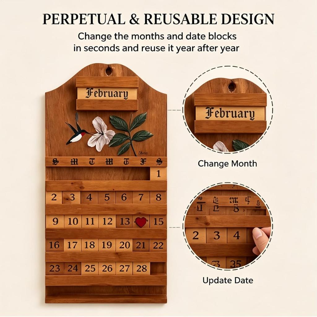Festive Wooden Perpetual Calendar with Adjustable Month and Date Blocks Holiday Markers Rustic Hummingbird Floral Decor for Home Office Kitchen