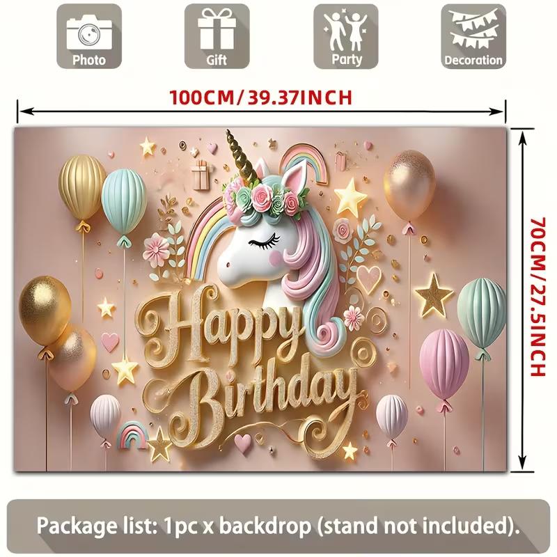 2D Pink Gold Unicorn Birthday Backdrop Rainbow Star Photoshoot Background