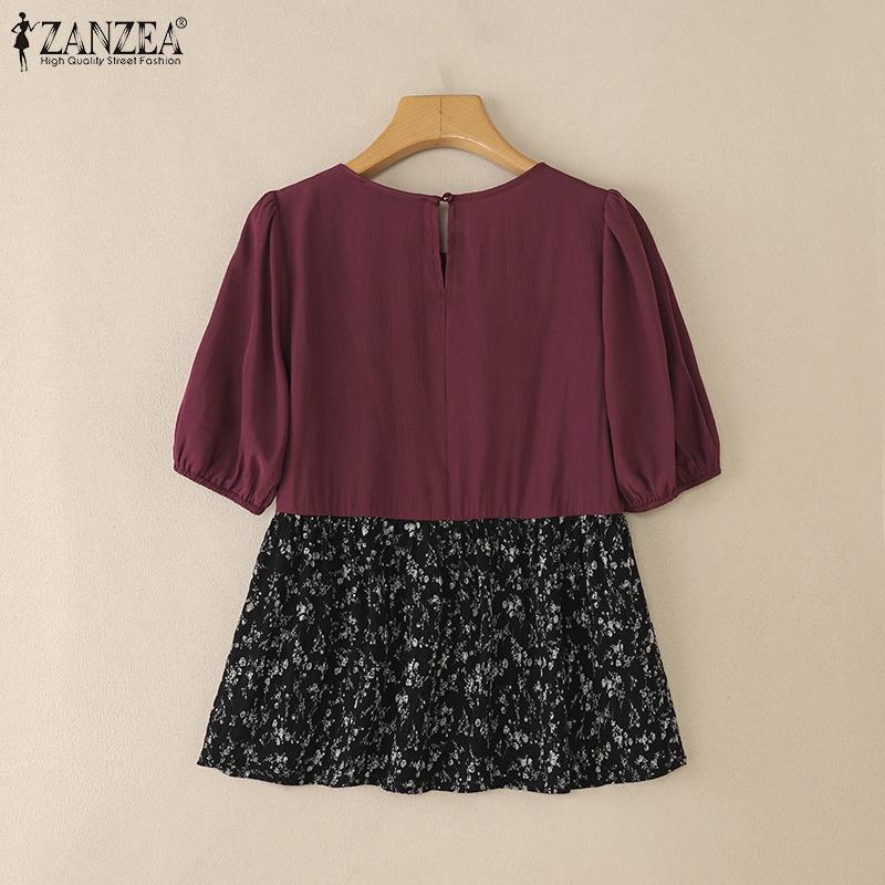 Women Print Casual Floral Zanzea Patchwork Summer Short Sleeve Blouse