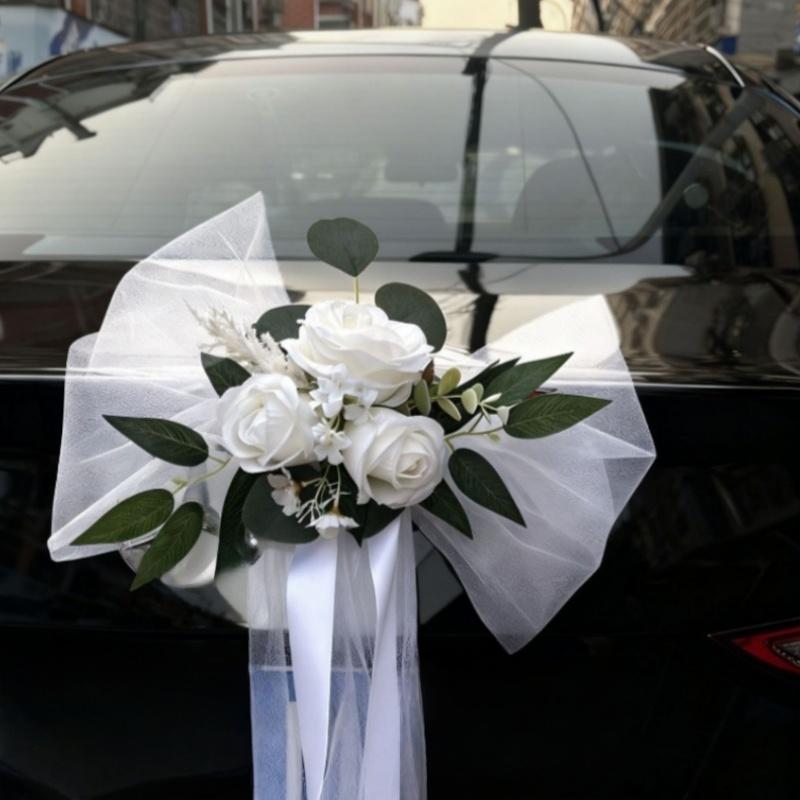 7 шт./комплект Свадебный Автомобиль Ручка Двери Зеркало Цветок Набор Ленты Банты Белая Искусственная Роза Just Married Декор Автомобиля Аксессуары