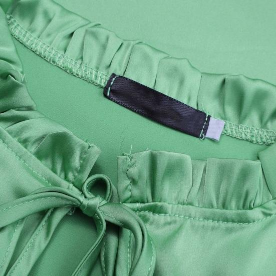 Женская рубашка со стойкой воротником, оборками, длинным рукавом, пуловер, однотонная, из шелковистого атласа, свободного кроя, повседневные топы