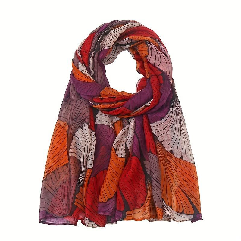 Leaf Print Polyester Muslim Scarf Year Round Vintage Color Block Bohemian Shawl Women's Warm Hijab Scarf