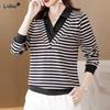 2023 Spring and Autumn Vacation Two Piece Set Fashion V-neck Contrast Stripe Long Sleeve Simple Casual Oversize Women's T-shirt