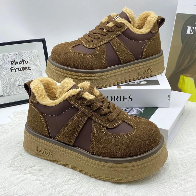 Женские меховые теплые хлопковые ботинки Ботильоны на плоской подошве Кроссовки Новые дизайнерские замшевые плюшевые зимние ботинки Спортивная повседневная обувь на платформе Ботинки
