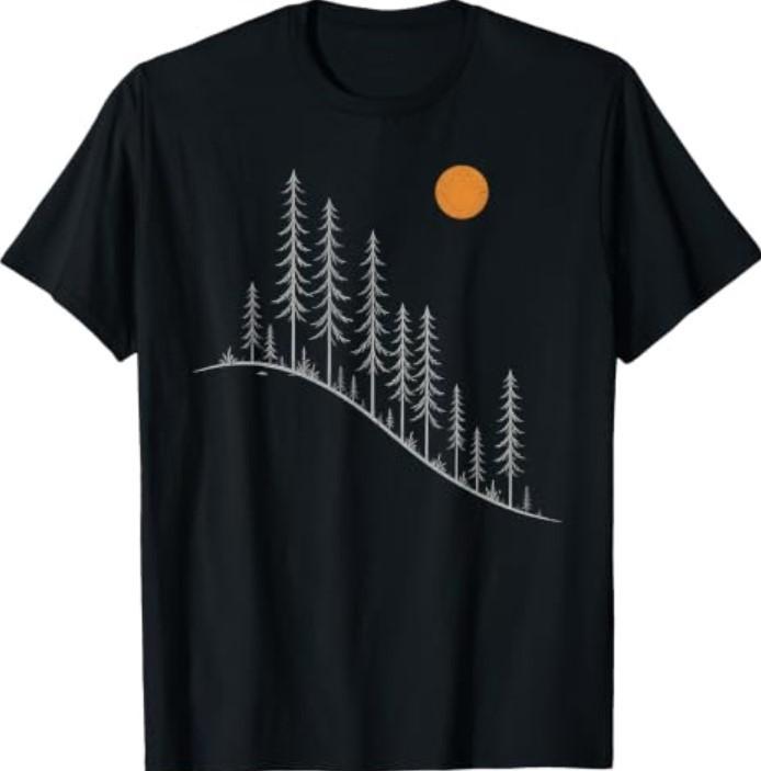 Minimalist Pine Forest Mountain Nature Line Art T-Shirt