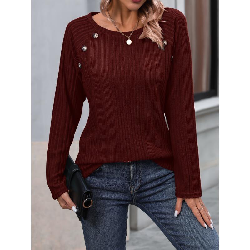 Autumn and Winter Women's Pit Stripe Milled Round Neck Solid Colour Button Long Sleeve Top
