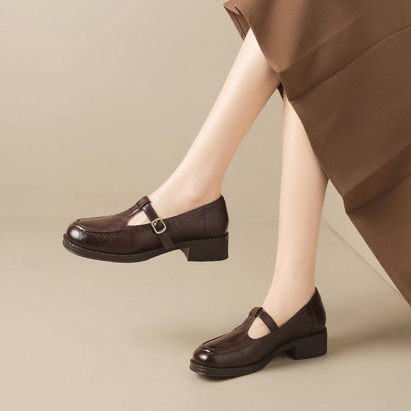 Винтажные туфли Мэри Джейн Легкие женские туфли Британский стиль Маленькие кожаные туфли Французские лоферы Круглый носок Одинарные туфли