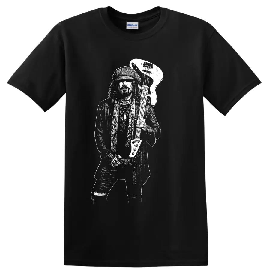 Nikki Sixx Rock Bassist Portrait Graphic T Shirt w/ Electric Guitar Music Tee