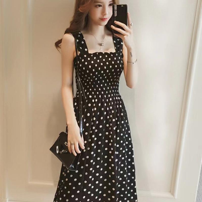 Fashion Women Loose None Sleeve Polka Dot Shoulder Plus Size Casual Dress