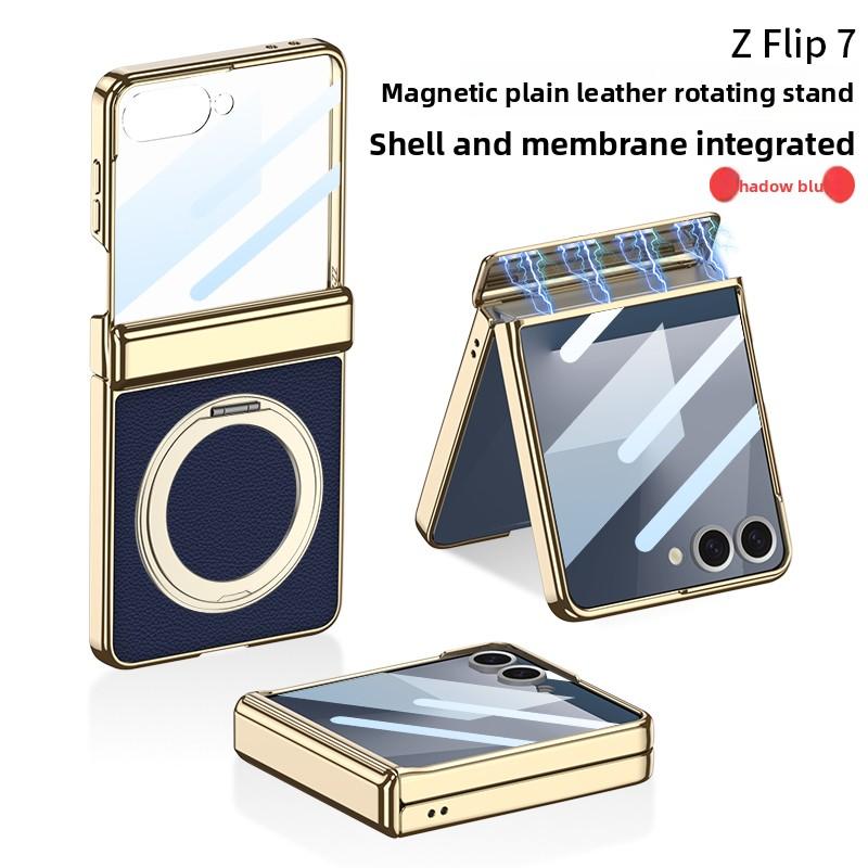 Для Samsung Galaxy Z Flip 7 Чехол Роскошная Кожа PU Кожа Шарнир MagSafe Магнитное Кольцо Подставка Защитная Задняя Крышка Для Z Flip7 Чехол