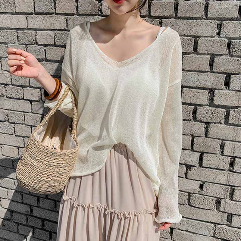 Повседневная тонкая блузка с v-образным вырезом Blusas 2023, однотонная корейская свободная солнцезащитная женская одежда, весна-лето-осень, сексуальные женские топы