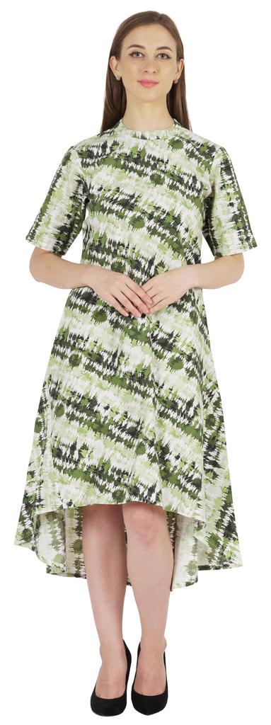 Phagun Printed Cotton Dress W Pockets Mandarin Collar Asymmetrical Knee Length Dress For