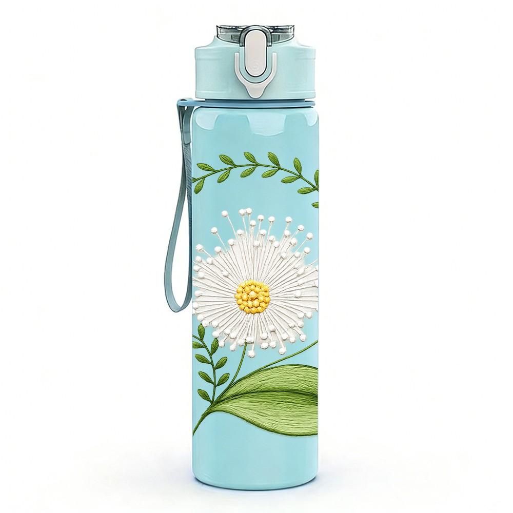 1PC Daisy Flower With Green Leaf Stem Print 750ml Color Plastic Sports Water Bottle Leakproof Flip Straw Lid Suitable for Sports Office Home Use