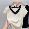 Thin Ice Silk Sweater for Women New Women's Clothing Style V-neck Short-sleeved T-shirt Fake Two-piece Belly Covering Top