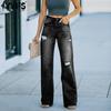 Women's Fashion Ripped Denim Casual High Waist Trousers Pants & Capris Casual Trousers