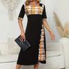 Summer Black Red Yellow Soft Women's Fashion Half Sleeve Plaid Print Button Detail Maxi Dress Long Dress A Line Casual Soft