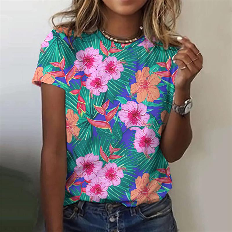 3D Printed Colorful Floral T Shirt For Women Plant Graphic T-Shirts Summer Harajuku Loose Tees Round Neck Tops Short Sleeves