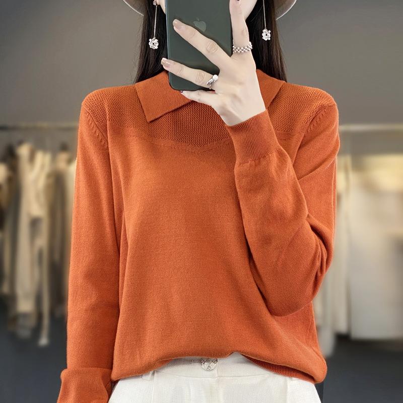 HNXC Autumn and Winter Knitted Sweater, Women's POLO Neck Solid Color Long-sleeved Sweater, Loose Solid Color Knitted Base Layer