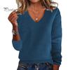 Женский свитер с V-образным вырезом, длинным рукавом, ребристой отделкой, пуловер, трикотажные топы, повседневный свободный нарядный свитер, повседневная одежда