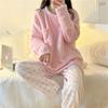 Fleece Thick Warm Women's Pajamas Set Winter Sleepwear Casual Solid Top and Plaid Pants Soft Pijamas Set for Women Home Suit