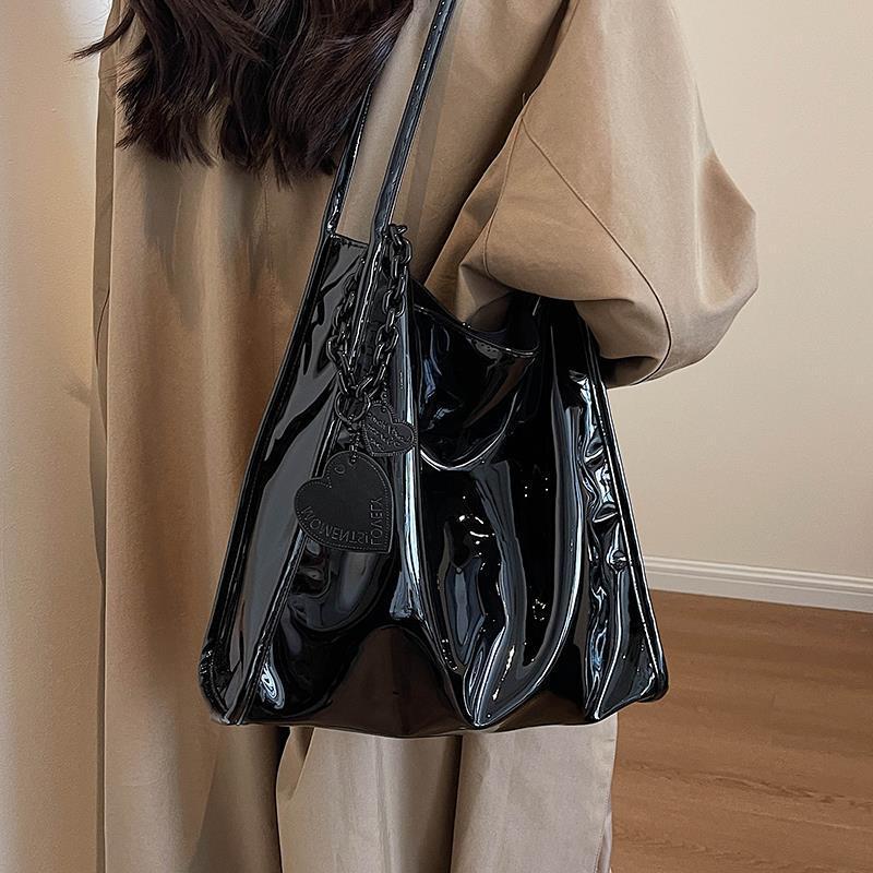 Solid Color Patent Leather Women Fashion Shoulder Bag Ladies Simple Luxury Handbag Purse Casual Travel Shopping Totes