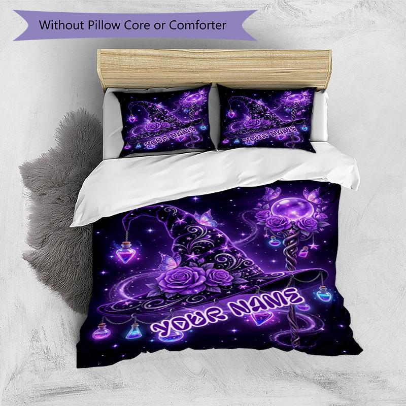 3pcs Custom Name Purple Magic Hat Bedding Set Printed Bedding Set Duvet Cover Closure Includes 1 Duvet Cover & 2 Pillowcases Bedroom Decor