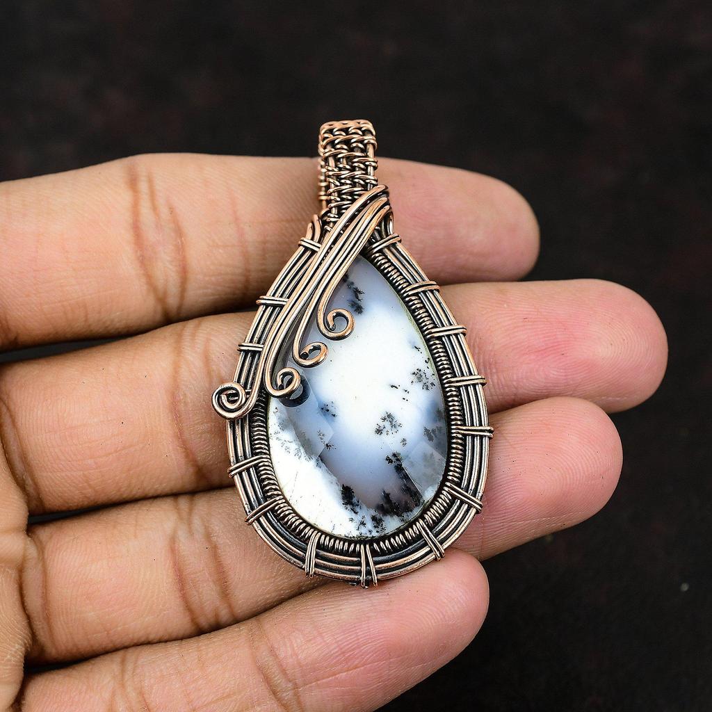 Dendrite Opal Gemstone Pendant Copper Wire Wrapped Pendant Handmade Jewelry Dendrite Opal Designer Pendant Gift For Her Gift For Mom