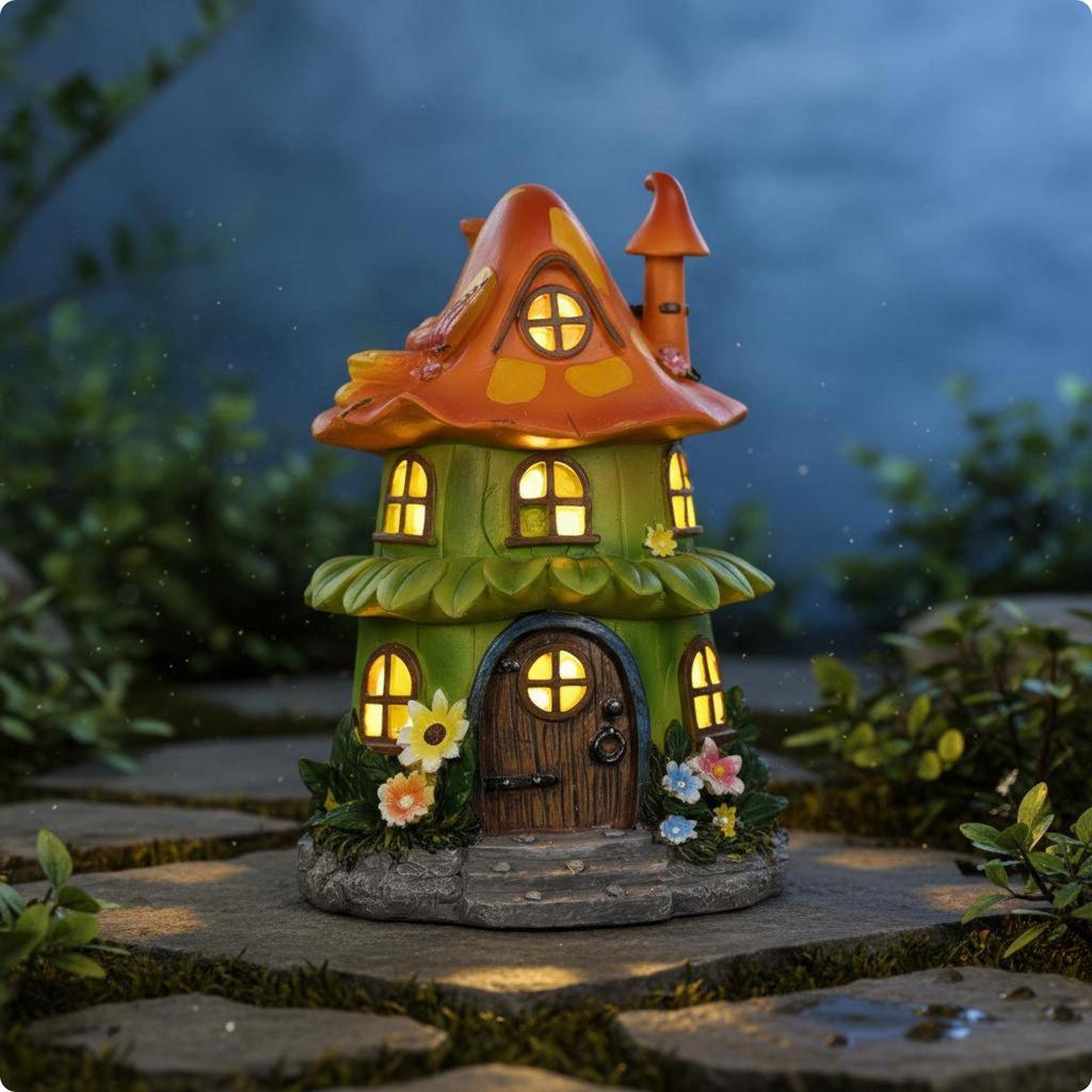 Storybook Shelter LED Solar Resin Cottage Sculpture for Garden, Yard, Patio