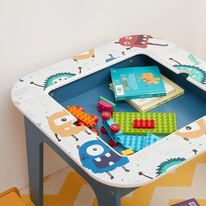GINGER HOME Table Enfant Réversible avec 2 Chaises – Plateau Double Face, Compatible Briques type LEGO, Dessin & Activités MONSTER