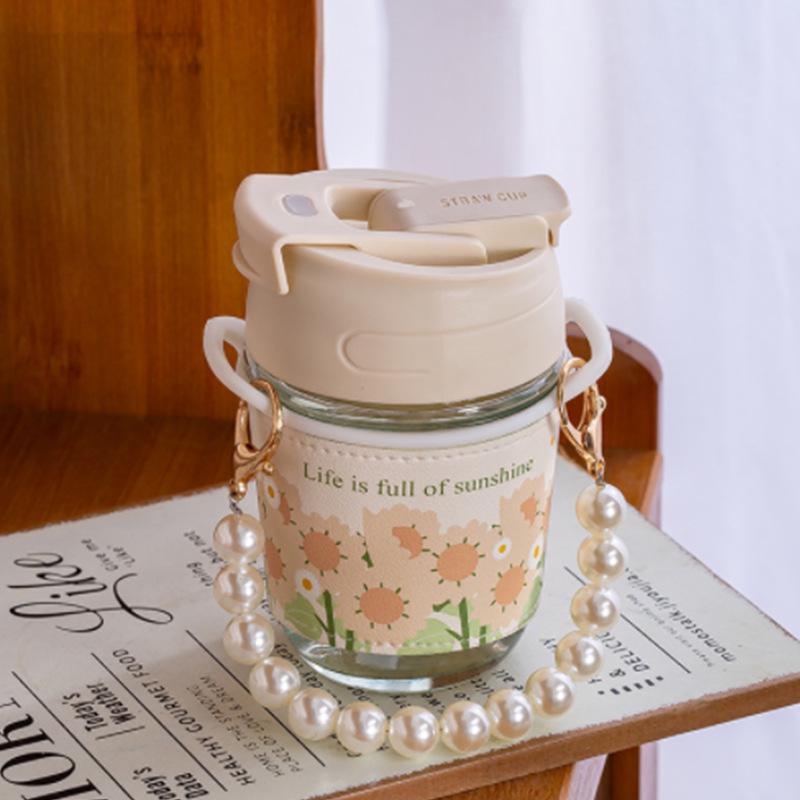Pearl Glass Double-Drink Cup with Straw - Luxurious Souvenir.