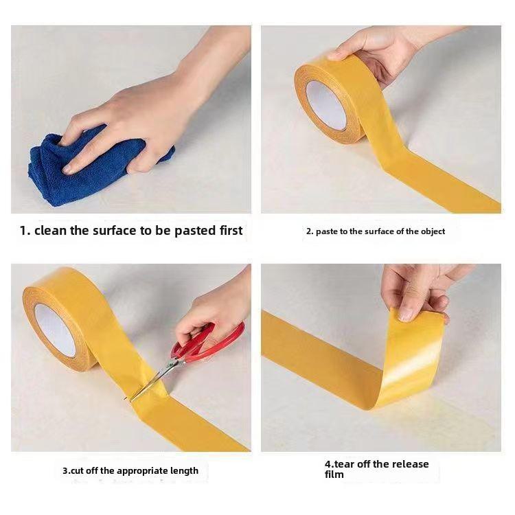 Прочная двусторонняя клейкая лента на тканевой основе для склеивания ковров, полов, кожи и стен.
