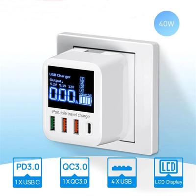 Настенное зарядное устройство USB, 40 Вт, 4 порта со светодиодным дисплеем, быстрое зарядное устройство USB QC3.0 PD3.0 для iPhone 14, Huawei, Xiaomi, Samsung