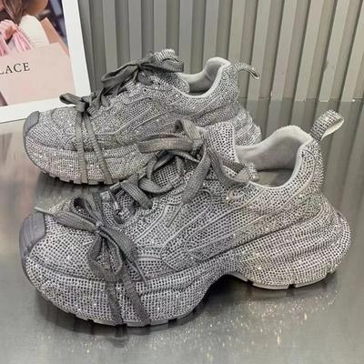 Весна Осень Модные Новые Женские Серебряные Стразы Папины Спортивные Туфли Удобные Уличные Толстые Подошвы На Шнуровке Повседневные Кроссовки