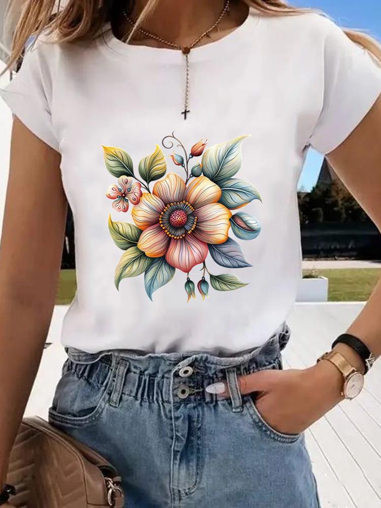 (Asian Size) Short Sleeve T-shirts Clothing Fashion Print T Female Travel Flower Casual Women's Top Graphic Tee