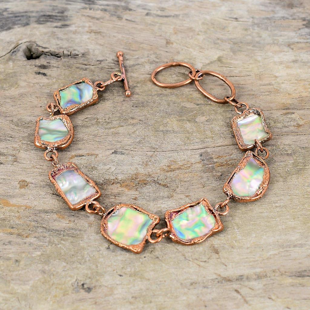 Грубый браслет из ракушки ушка, электроформованный медный браслет, регулируемый браслет-цепочка, ручная работа, медные украшения, браслет с драгоценными камнями, подарок для мамы