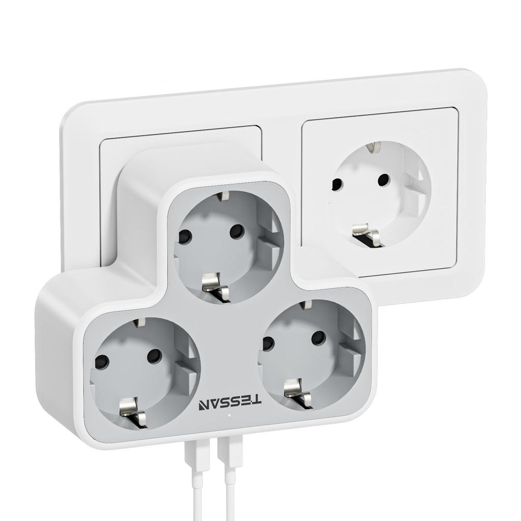Tessan Multi Outlets Power Strip with 3 AC Outlets 2 USB Ports EU KR Plug Multiple Wall Socket Adapter with Overload Protection