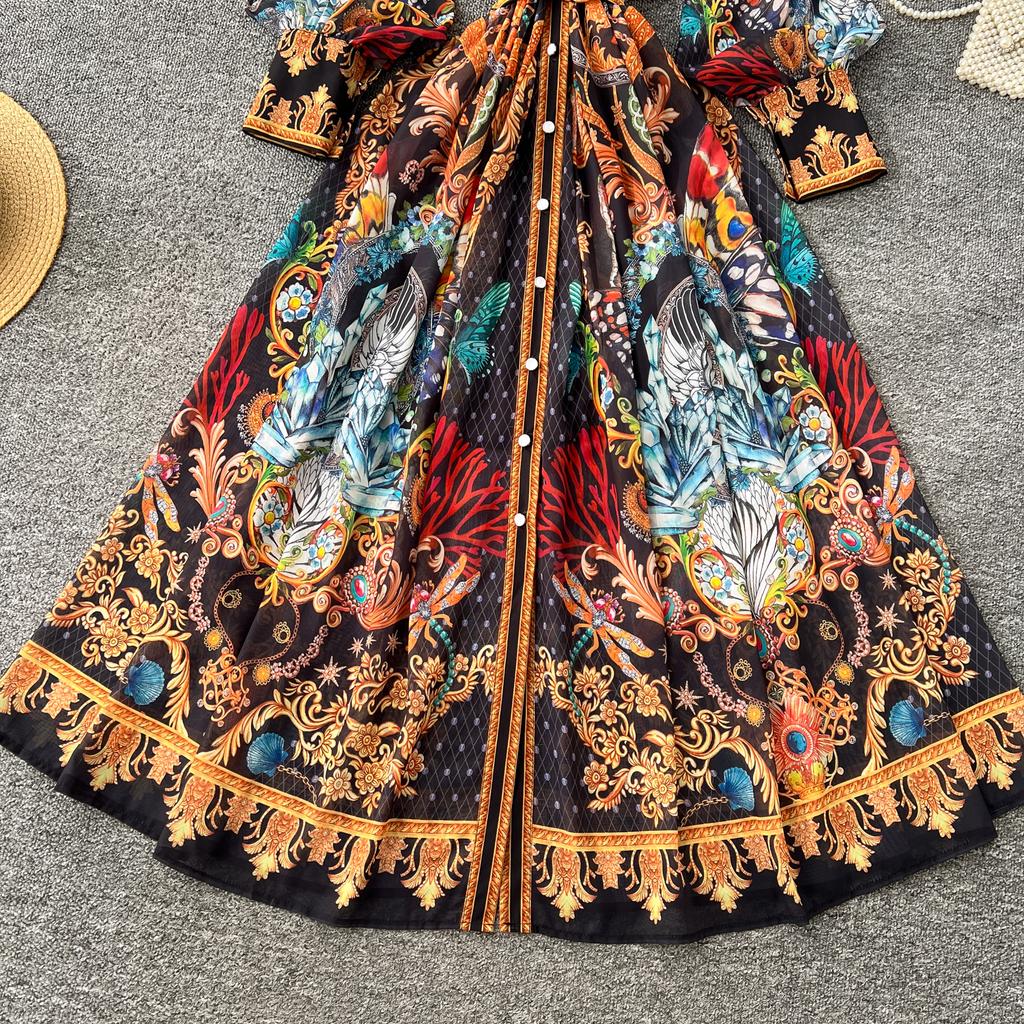 Spring Summer Women Vintage Palace Print Runway Dress Oversize Loose Long Maxi Party Dresses