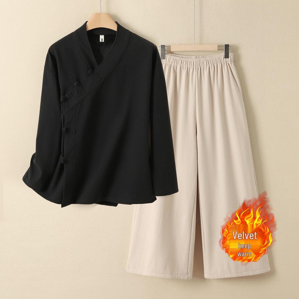 Women's Autumn/Winter Cotton Linen Hanfu: Velvet-Lined Chinese Style Long Sleeve Cardigan Monk Robe for Tea Ceremony