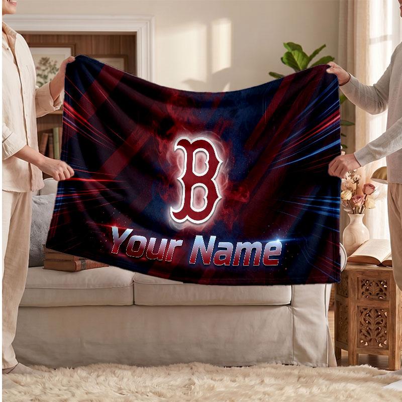 Boston Red Sox Flannel Blanket, Custom Name Text Personalized Soft Throw Blanket Home Decor Gift