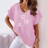 2023 Summer Floral Print V-neck Cotton Linen Casual Batwing Sleeve Women's T-shirt